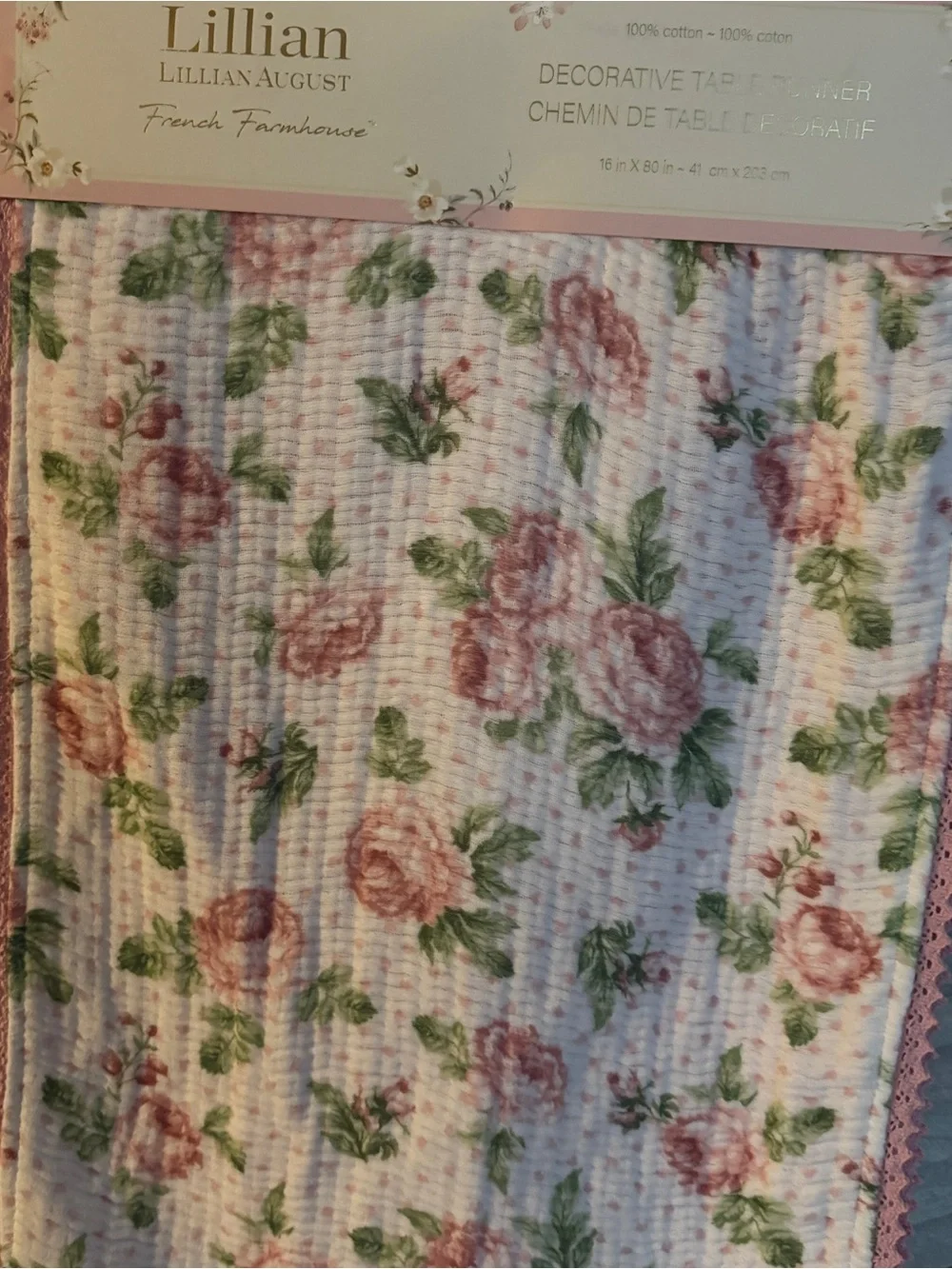 NWT Lillian August Pink Floral Quilted Table Runner Scalloped Lace